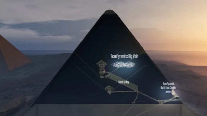 A scientific 3D model illustrating the internal voids identified by the Scan Pyramids project.