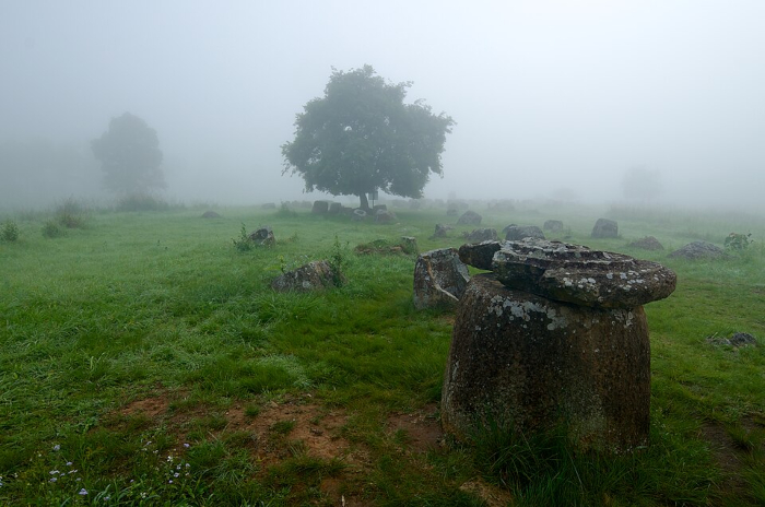 The sole topped jar in the first site of the Plain of Jars, Laos