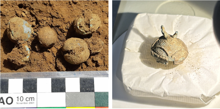 Left, bronze bells, right; restored bronze bell.