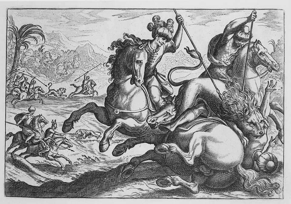 Lion Hunt, engraving from Antonio Tempesta's Hunting Scenes IV series. The artwork depicts mounted hunters confronting a lion, reflecting elite hunting traditions in early modern Europe.