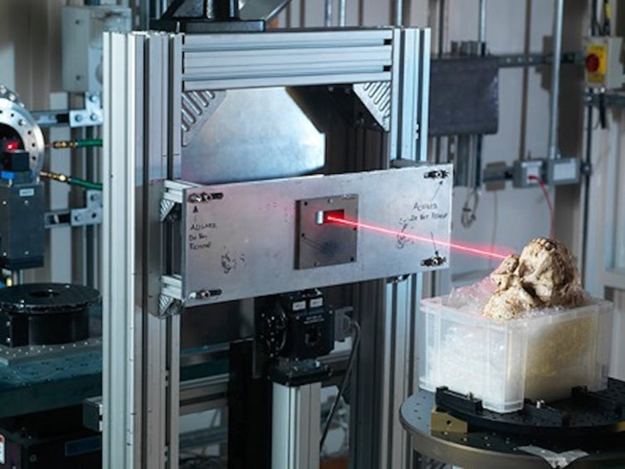 Littlefoot skull being scanned using synchrotron X-ray micro computed tomography at Diamond Light