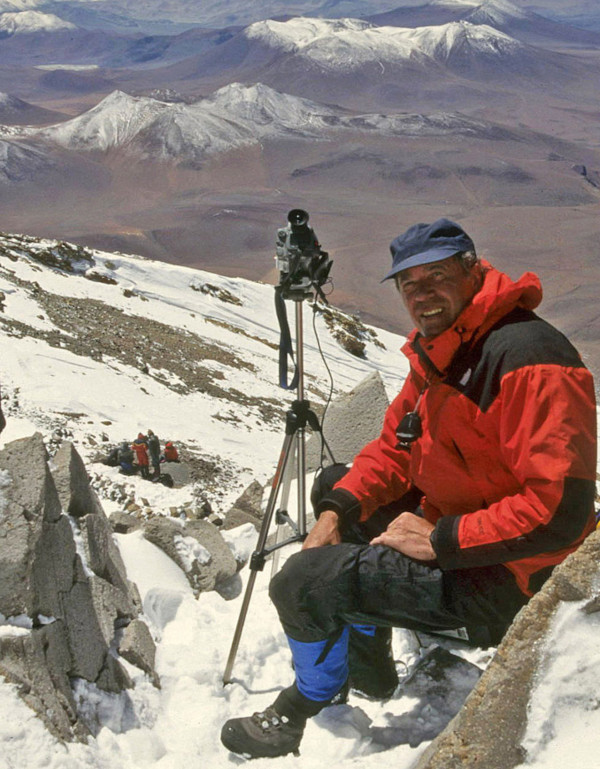Johan Reinhard filming on summit of Llullaillaco volcano during the rescue of the Inca mummies in 1999
