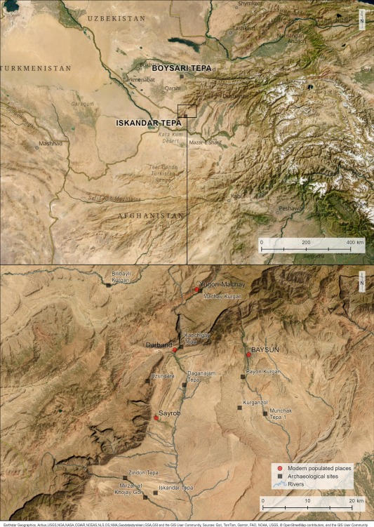 Map of the Bactro-Sogdian borderlands showing Boysari Tepa, Iskandar Tepa, and neighboring Hellenistic and Transitional-period archaeological sites in southern Uzbekistan