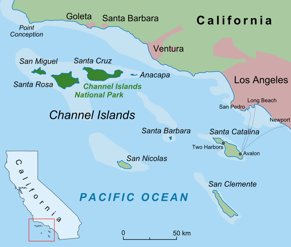 Map of the California Channel Islands and Channel Islands National Park, California