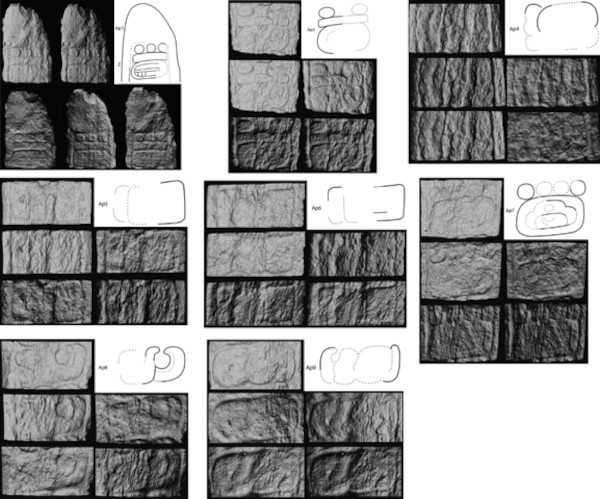 Glyph-by-glyph three-dimensional models with varying lighting angles carved on Stela 46, Column A