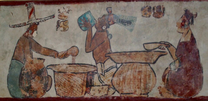 Reproduction of a marketplace mural from Structure I at Calakmul 