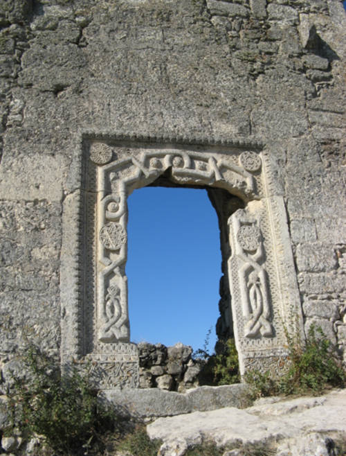 Decorated medieval stone ruins at Mangup-Kale