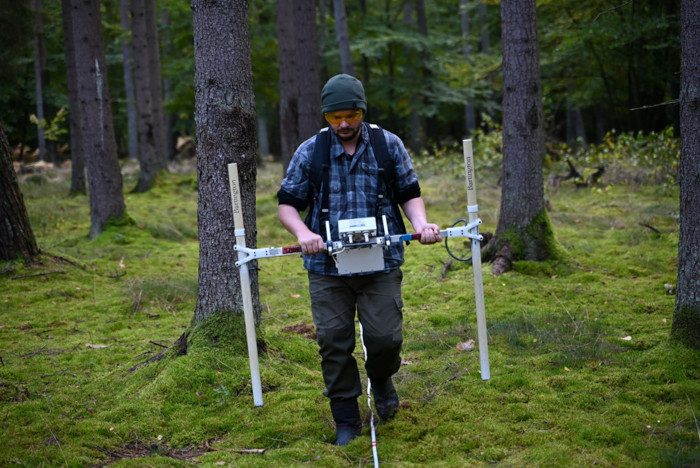 Archaeologist conducting non-invasive ground search of the site