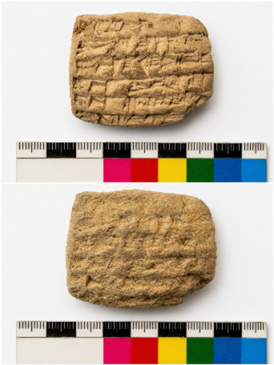 A cuneiform tablet from the Lower Town East palace is shown before and after expert conservation.
