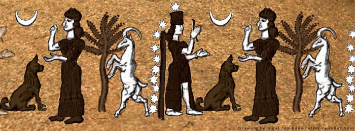 Cylinder seal drawing of BaU-Baba-Gula goddess of healing life and death