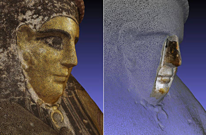  The 3D scan of a mask fragment matches up with the scan of a different well-preserved mask