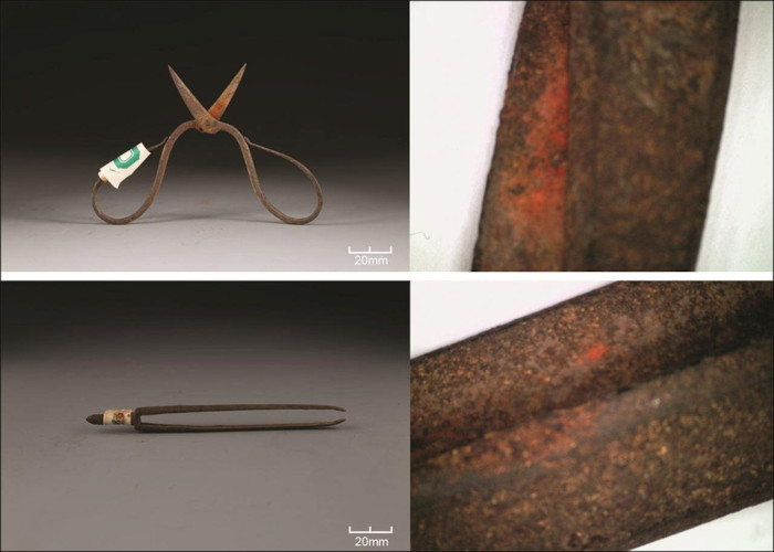 A pair of 600-year-old iron surgical tools (scissors and tweezers) from the tomb of Ming Dynasty physician Xia Quan, with focuses on residues.