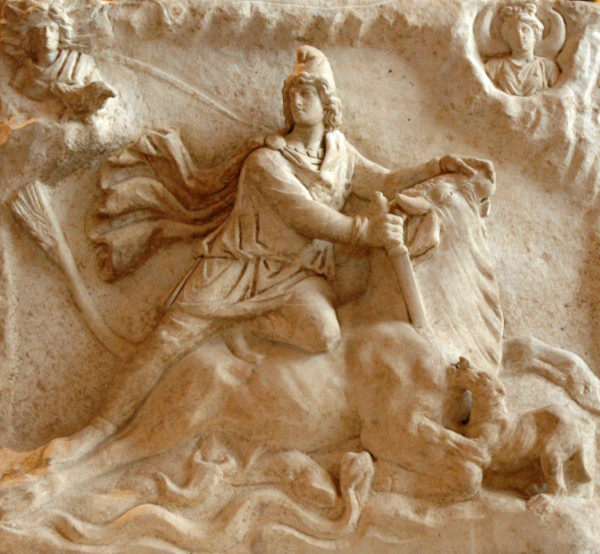 A classic depiction of the tauroctony, showing Mithras slaying the sacred bull. 