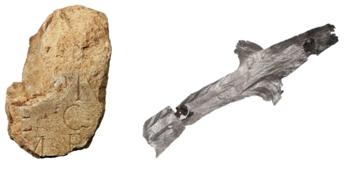 Left; Fragment of a votive stone with an inscription. Right; Fragment of a votive plaque.