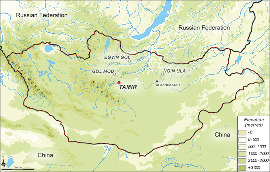 Map of present-day Mongolia, showing the locations of four archaeological sites