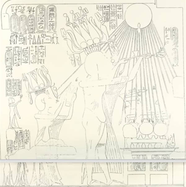 Akhenaten wears a crown he developed himself, based on the Atef crown of Osiris in stone relief representation.