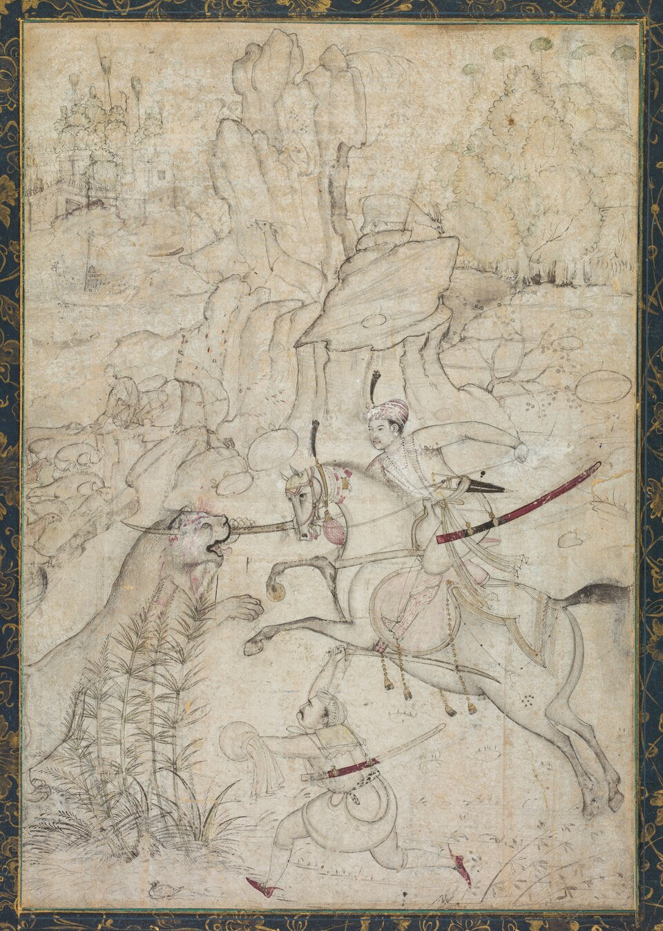 Mughal miniature painting depicting a prince confronting and killing a lion during a royal hunt. Lion hunts were frequently used in Mughal art to symbolize bravery, kingship, and mastery over nature