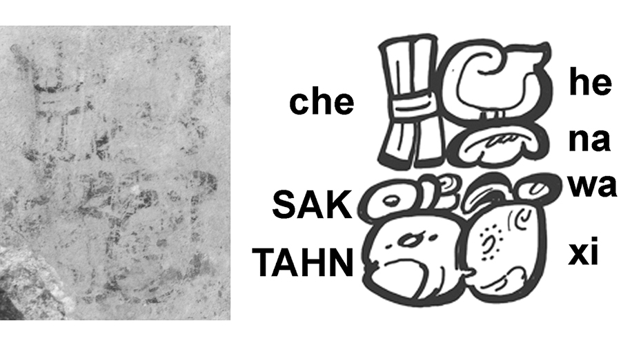 Multispectral photograph (left) and epigraphic reconstruction (right) of Text 19 from Xultun, Guatemala, identifying the eighth-century Maya mathematician-astronomer Sak Tahn Waax