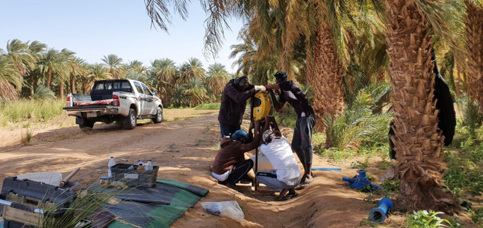 A team of Sudanese workers takes sediment core samples from the Nile River valley near Jebel Barkal.