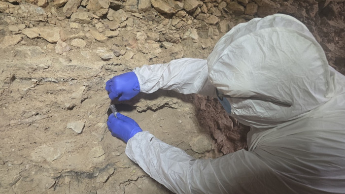 A researcher collects sediment for ancient DNA analysis at Aguilón P5