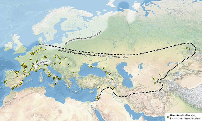 Map showing classic Neanderthal fossil sites across Europe and the Middle East.