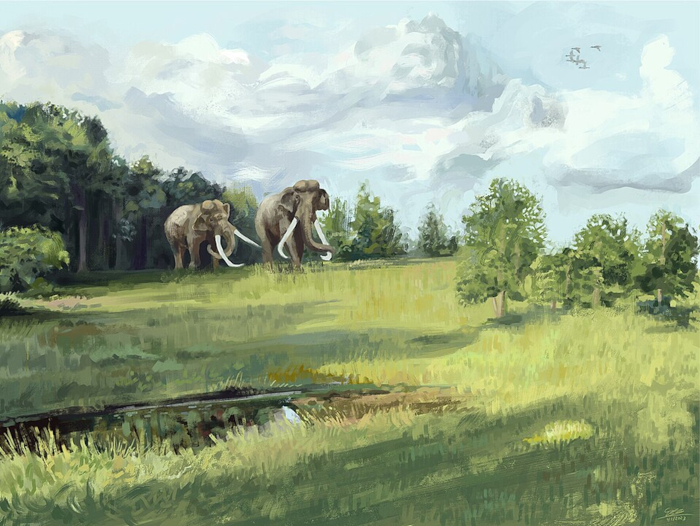 Painting of a straight-tusked elephant (Palaeoloxodon antiquus) during the early temperate period of the Eemian interglacial,