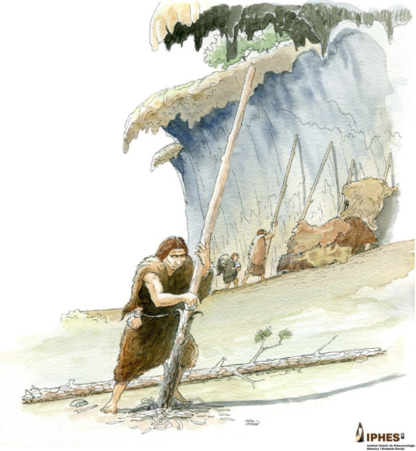 Illustration depicting different scenes of Neanderthal groups at Abric Romaní using wooden objects.
