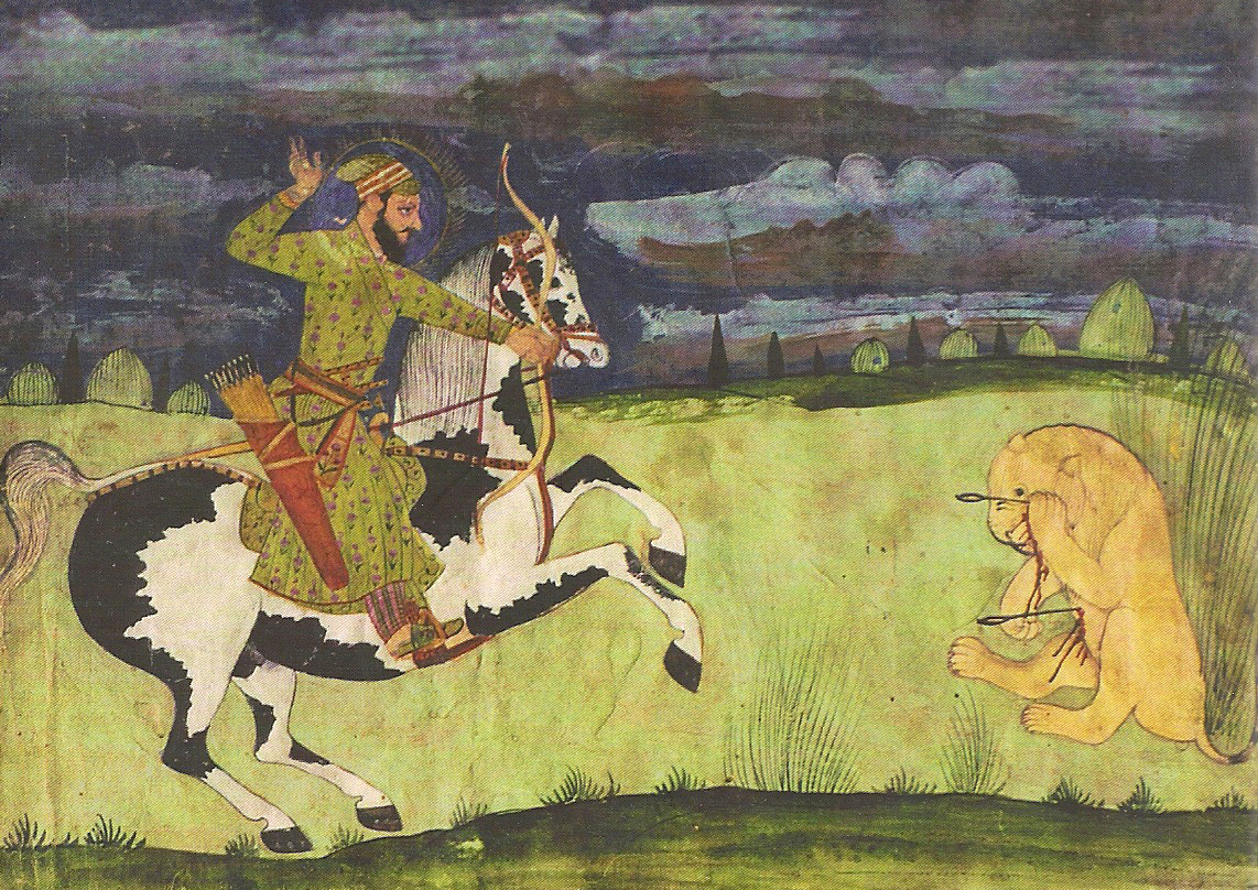 Near-contemporary depiction of Guru Gobind Singh confronting a lion during a hunt. Such scenes symbolized courage, martial skill, and the warrior traditions associated with Sikh history