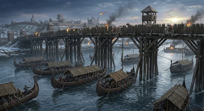 Olaf Haraldsson's Viking fleet attacked the fortified timber London Bridge in 1014. 