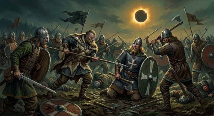 A dramatic illustration depicting the chaotic climax of the Battle of Stiklestad in 1030 AD. 