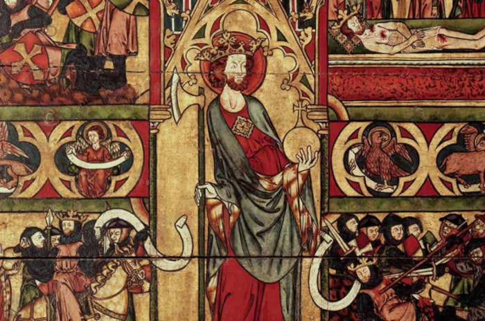 A magnificent representation of Saint Olaf as the 'Eternal King of Norway' from the medieval Olavsfrontalet in Nidaros Cathedral.