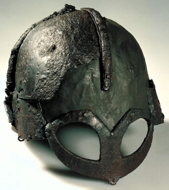 A close-up of the iconic Gjermundbu helmet, the only complete Viking helmet ever discovered