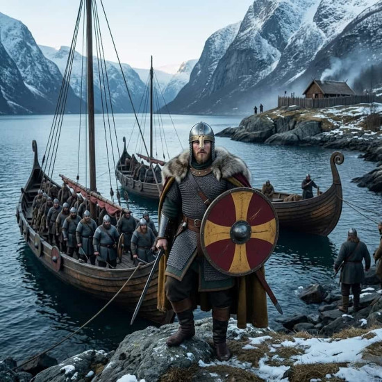 A cinematic illustration of Olav Haraldsson landing on the rocky shores of a Norway 