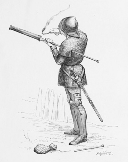 An illustration of a 14th-century soldier firing a hand cannon