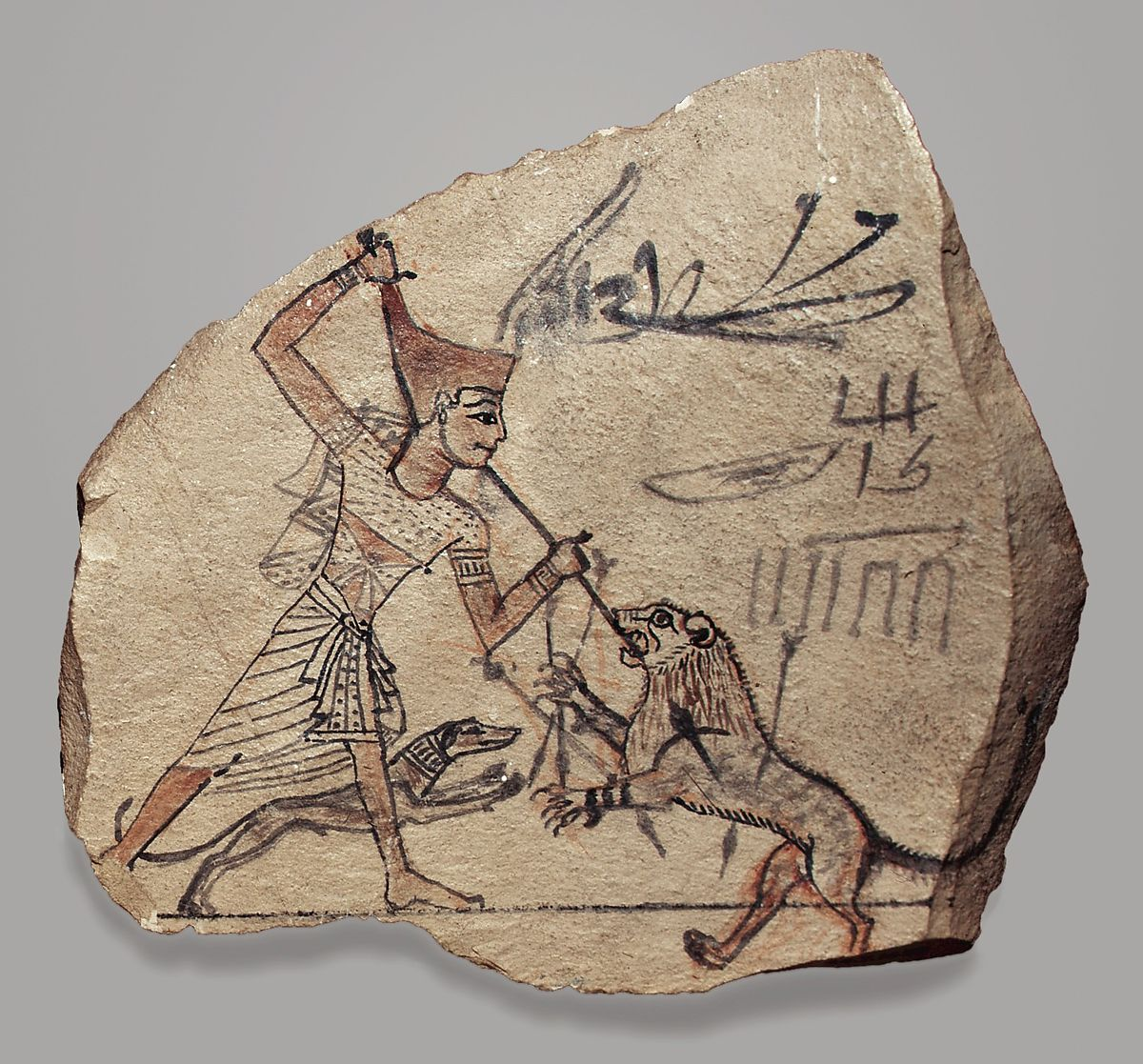 Painted Egyptian ostracon showing a figure engaged in combat with a lion. Such scenes reflected both the dangers of the natural world and symbolic ideas of power and mastery.
