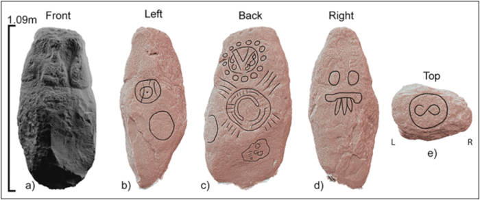 Images of a boulder monument with its engravings marked.