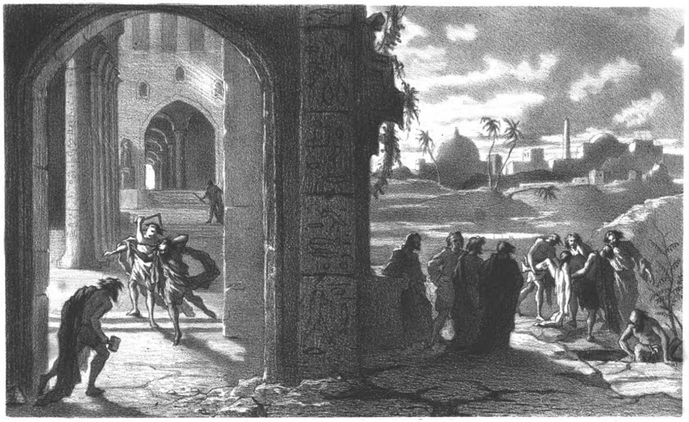 An illustration of the murder of Hiram Abiff, a central allegory in the Master Mason degree.