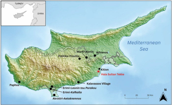 Map of Cyprus showing the locations of Hala SultanTekke and settlements mentioned in the article