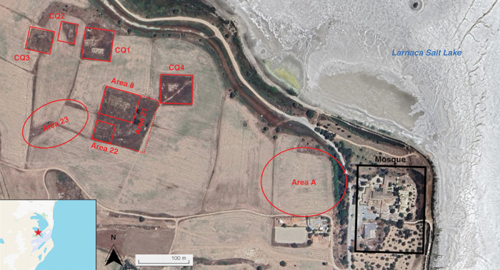 Site map of Hala Sultan Tekke, with inset location relative to the modern coastline and current dimensions of Larnaca Bay.