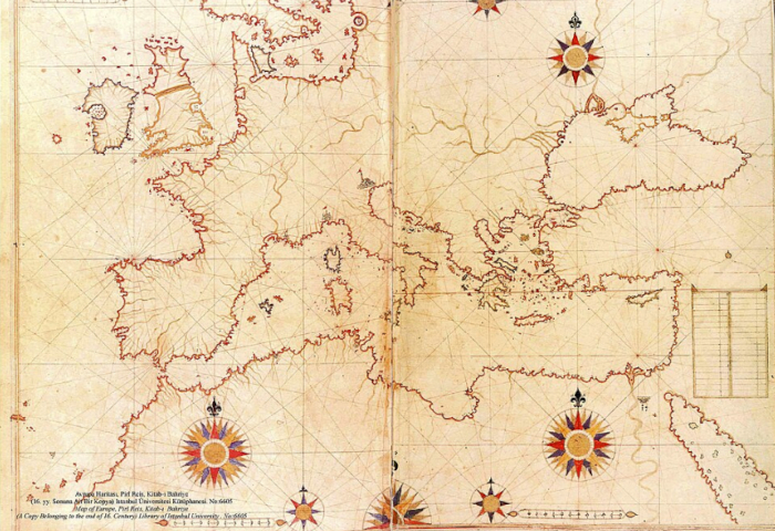 Map from Piri Reis&rsquo; Kitab-ı Bahriye showing Europe and the Mediterranean