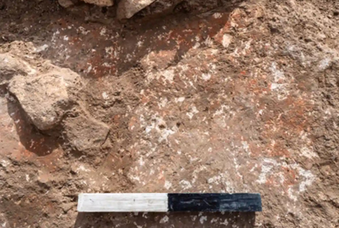 Close-up of red paint preserved on a plaster floor