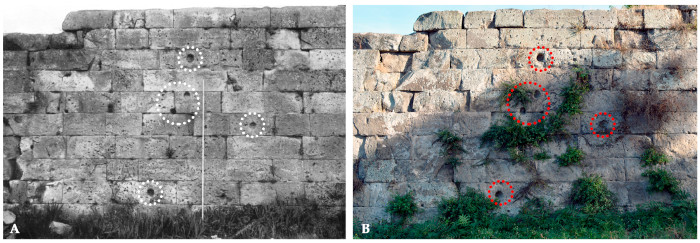 Comparison between a 1925 photo (Van Buren) and a 2024 photo highlighting circular ballistic marks on Pompeii's northern walls 