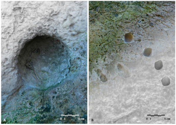 Left, impact mark, Right, arc pattern of 4 ballistic impacts