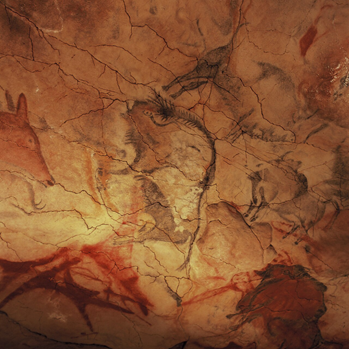 Arte rupestre pré-histórica do norte da Espanha. Animais e símbolos vermelhos