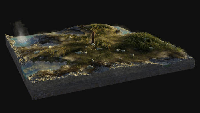 Artist's impression of what the environment at Rhynie, Aberdeenshire, where the prototaxites fossils were discovered