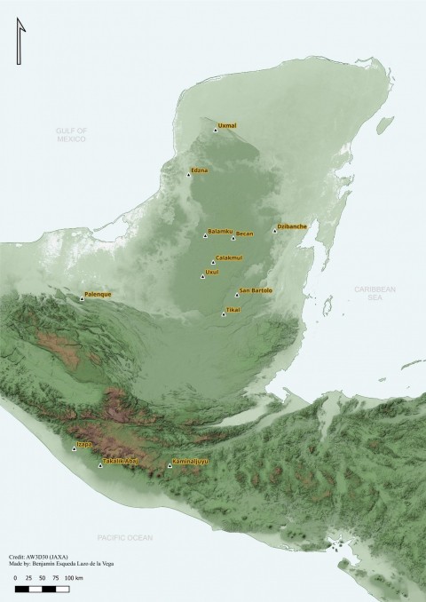 Regional map of the Maya world showing Calakmul and major archaeological site