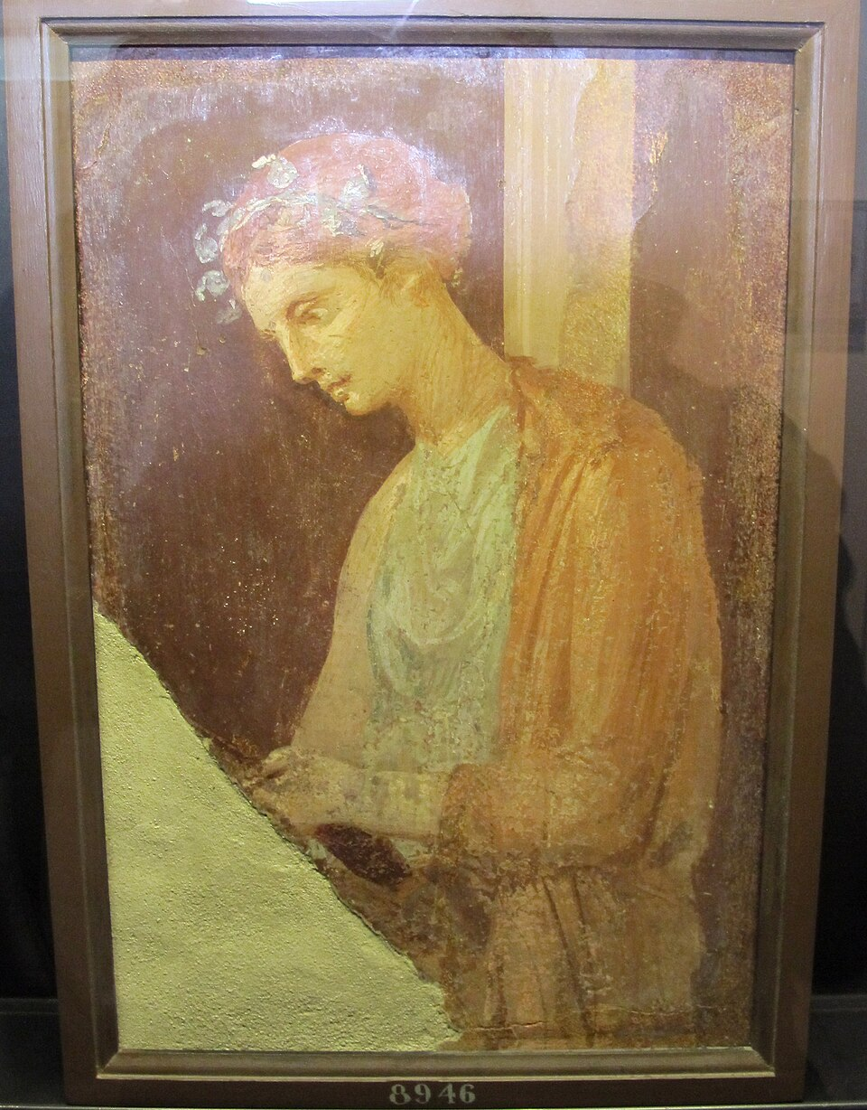 Roman fresco of a maiden reading a text, Pompeian Fourth Style (60–79 AD), Pompeii, Italy