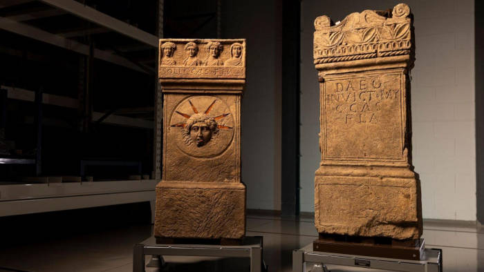 The two reconstructed Roman altars found at Inveresk, Scotland