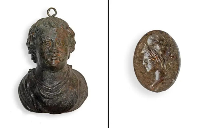 Left: Bronze bust of Bacchus from Nijmegen. Right: gemstone from a Roman signet ring found in Nijmegen