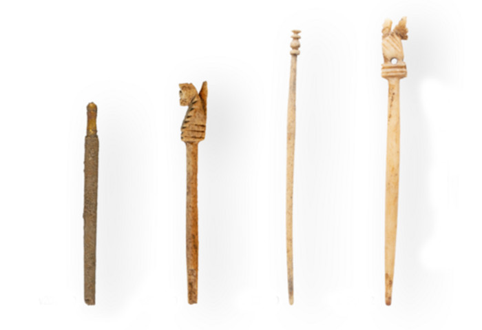 Roman bone hairpins found in Nijmegen, some decorated with carved cats